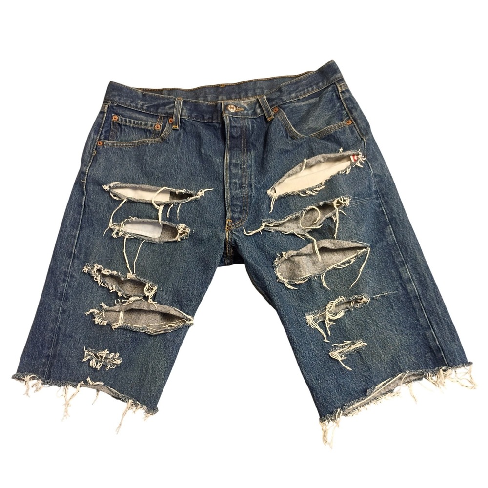 Levis 501 Denim Shorts Mens 38 Blue Distressed Cut Off Raw Hem Ripped Grunge